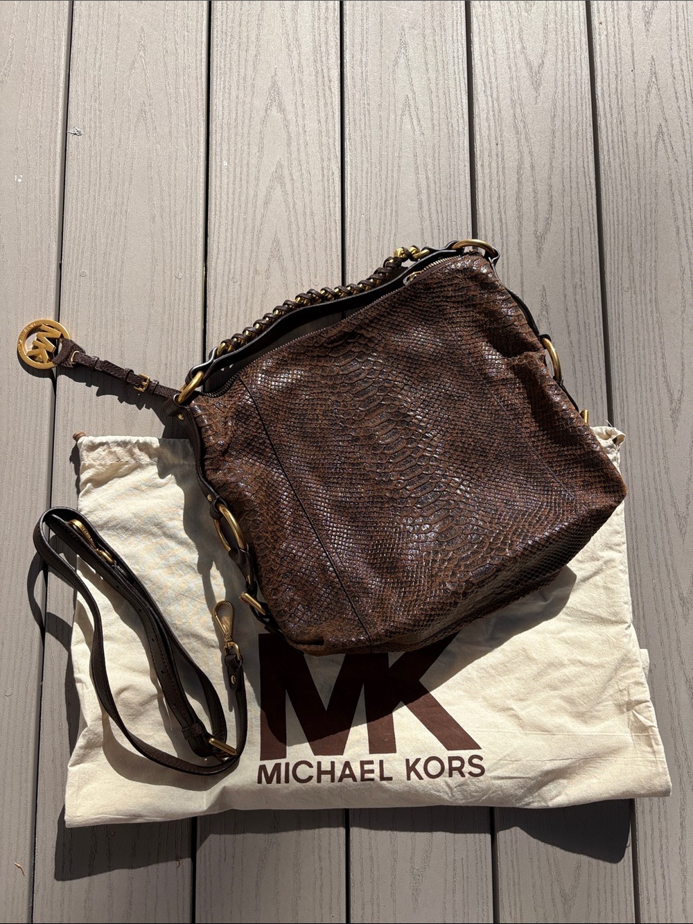 Michael Kors Dark Brown Textured Leather Shoulder Bag with Gold Hardware